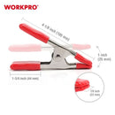 WorkPro 1" steel spring clamp with labeled dimensions: 4.5-inch overall length, 2-inch jaw opening, and 1-inch jaw depth, with inset close-up of non-slip red grip pads.