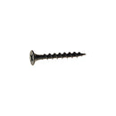 Close-up view of a single 3 1/2" black phosphate drywall screw with a bugle head and coarse thread.