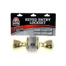 Elite Security keyed entry lockset in retail packaging, featuring a brass finish doorknob with a 2-way adjustable latch and ANSI grade 3 certification.