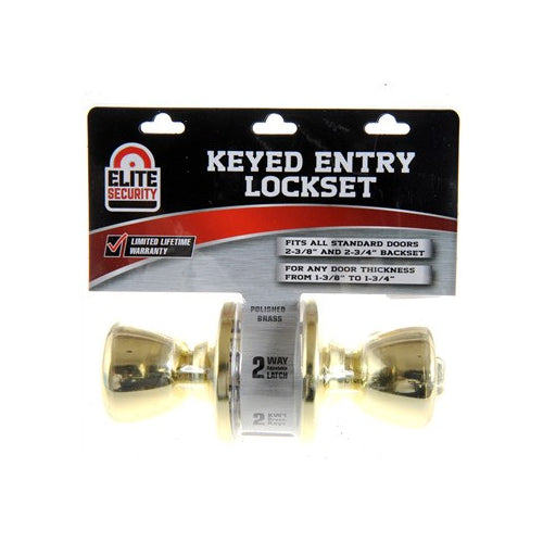 Elite Security keyed entry lockset in retail packaging, featuring a brass finish doorknob with a 2-way adjustable latch and ANSI grade 3 certification.