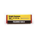 Box of Bright Common 16d 3-1/2 inch framing nails, labeled in yellow and black packaging.