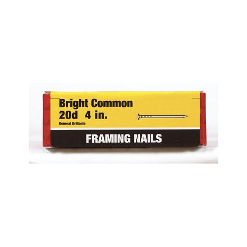 Box of Bright Common 20d 4-inch framing nails with yellow, red, and black packaging labeled for general construction use. 