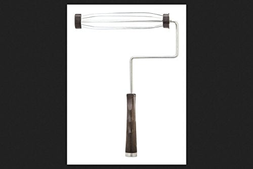 Paint roller frame with a wooden handle and metal wire construction, designed to hold standard paint roller covers.