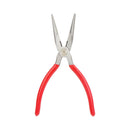 Front view of a 6-inch long nose plier with red plastic-coated handles and pointed jaws.