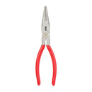 Side view of a 6-inch long nose plier with closed jaws and red rubber-coated grips.