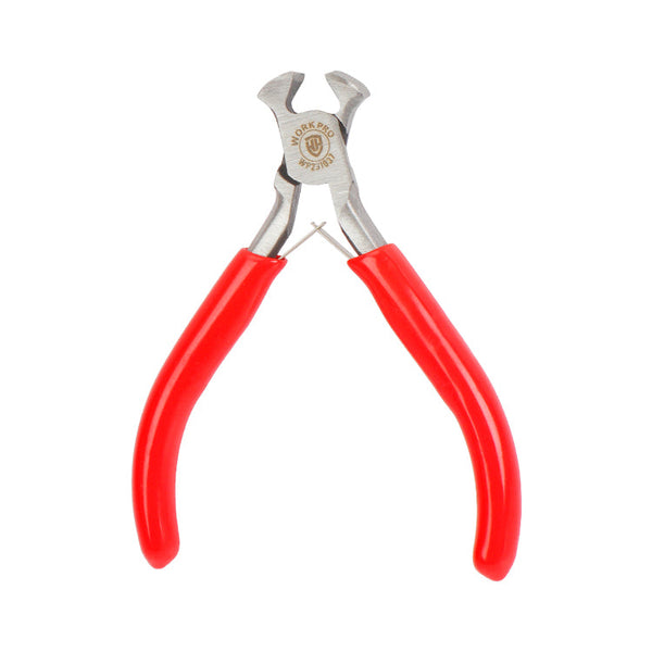 Front view of end cutting pliers with red rubber-coated handles and a curved cutting edge.