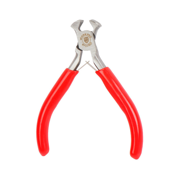 Front view of end cutting pliers with red rubber-coated handles and a curved cutting edge.