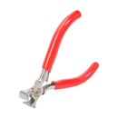 Side view of end cutting pliers with a chrome finish and red non-slip grips.