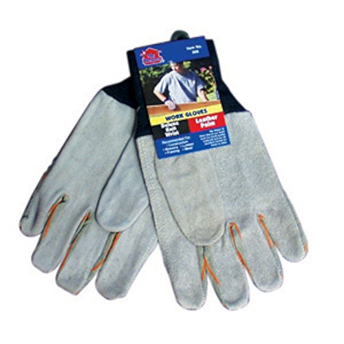 Pair of gray leather work gloves with reinforced fingers and black cuffs, shown in retail packaging featuring a worker image and product branding.