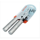 Heavy-duty can opener with stainless steel handles and cutting mechanism, displayed in retail packaging with a light blue and red backing card.