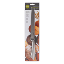 L. Gourmet stainless steel bread knife with serrated blade and curved handle in retail packaging