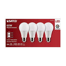 Red Satco packaging displaying 4 LED A19 bulbs with CCT selectable icon