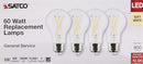 White background packaging of Satco 8W clear LED bulbs, 4-pack