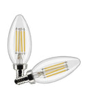 Two clear filament LED chandelier bulbs with E12 base angled horizontally