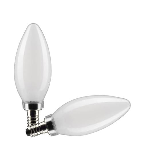 Two frosted B11 LED bulbs with E12 bases displayed at an angle