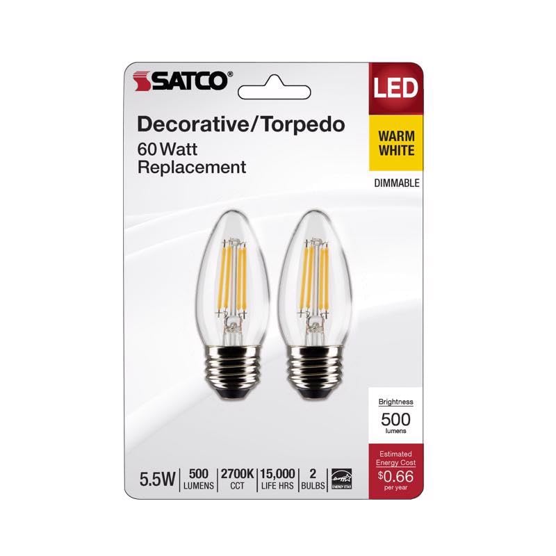 Decorative 2-pack Satco LED bulbs in retail packaging labeled “Torpedo” and “Warm White”