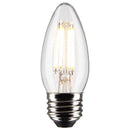 Close-up of a clear Satco LED B11 bulb with visible filament and medium base
