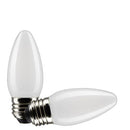 Two frosted LED blunt tip bulbs with medium bases, one standing and one lying down