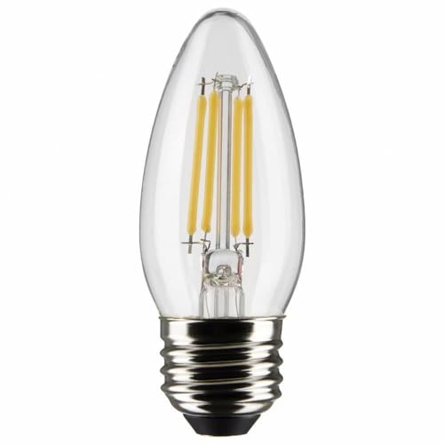 Clear LED B11 bulb with visible filament and medium base in a traditional torpedo shape