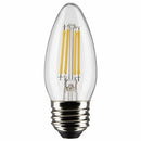 Clear LED B11 bulb with visible filament, shown standing upright with a reflective medium base