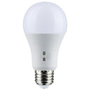 Single A19 LED bulb with medium base shown in front of product packaging