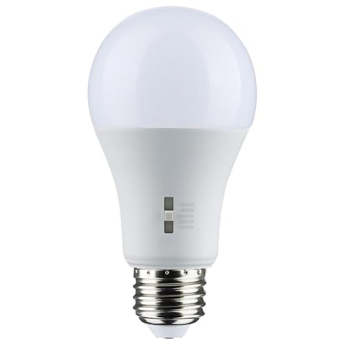 Single A19 LED bulb with medium base shown in front of product packaging