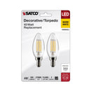 Retail packaging of Satco 2-pack 4W chandelier bulbs