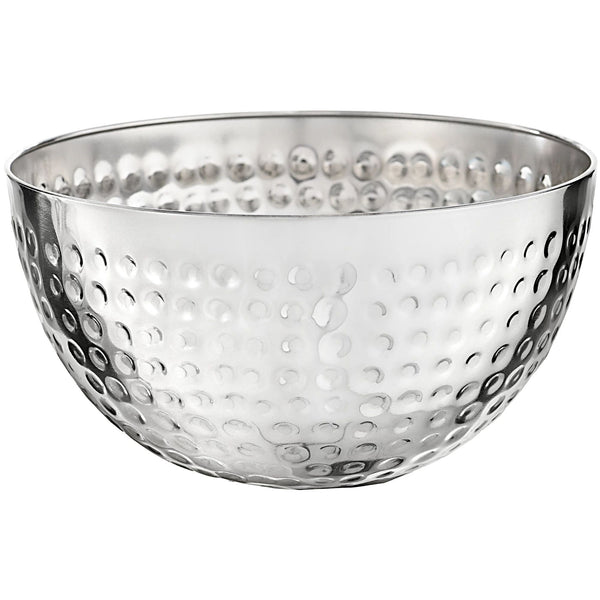 Textured large stainless steel serving bowl with hammered detailing and a round open rim