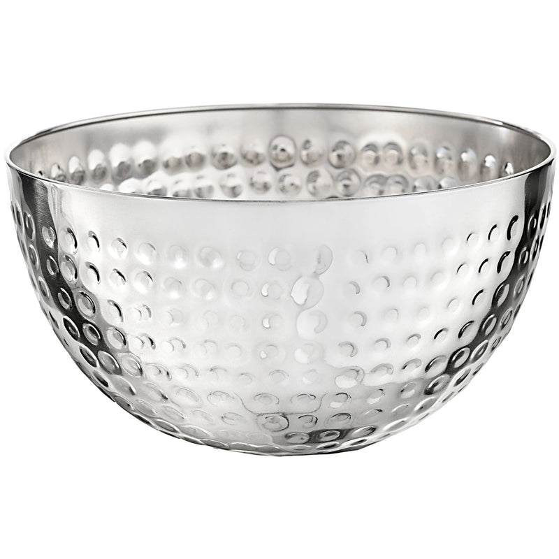 Textured large stainless steel serving bowl with hammered detailing and a round open rim