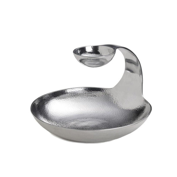 Polished metal chip and dip server with a gooseneck-shaped dip holder above a round base