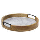 Round wooden tray with a marble-like surface and metal side handles