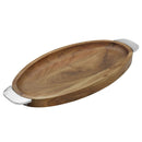 Round wooden tray with smooth acacia finish and shiny silver side handles