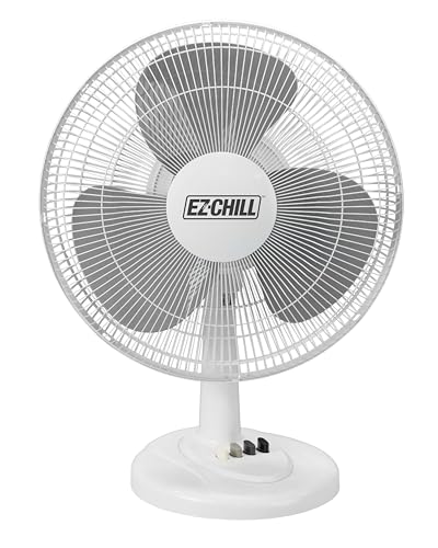 Front view of Excel 16-inch white oscillating table fan