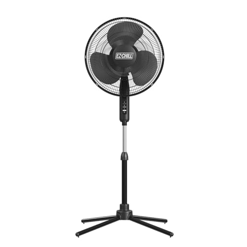 Front view of black Excel 16-inch pedestal fan with tripod base