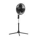 Angled view of black pedestal fan showing slim design and stability