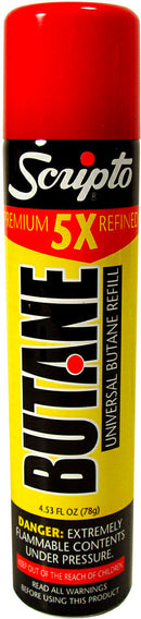 Canister of Special Blue 5X refined butane gas with red cap and yellow label