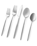 Five-piece place setting of stainless steel flatware on a white background