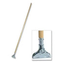 Full view of wooden mopstick with attached claw/jaw metal mop head