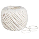 Cotton twine ball with white braided string partially unraveled