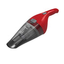 BLACK+DECKER red and black cordless handheld vacuum angled to show translucent dirt bowl