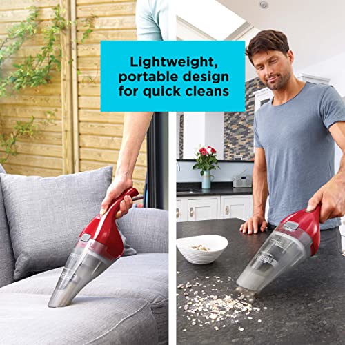 Split image of man and woman using vacuum on couch and counter with blue text overlay