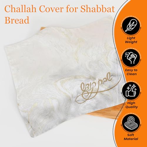 Folded white challah cover with gold embroidery, presented with icons for lightweight, easy to store, high quality, and soft material