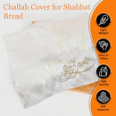 Folded challah cover displayed with icons for lightweight design, easy to store, high quality, and soft material
