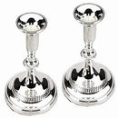 Pair of silver-plated Shabbat candlesticks with a polished, reflective finish and traditional rounded base design