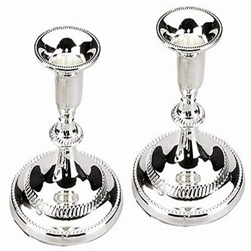 Pair of silver-plated Shabbat candlesticks with a polished, reflective finish and traditional rounded base design