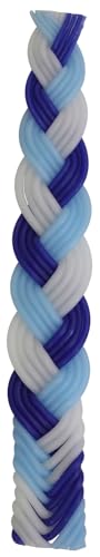 Close-up of a blue, white, and silver braided Havdalah candle.