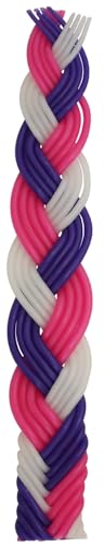 Close-up of multicolored braided Havdalah candle featuring deep purple, white, and red strands