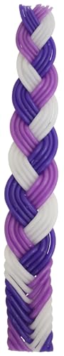 Close-up of a braided Havdalah candle in purple, white, and lavender tones