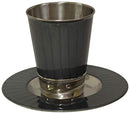 Dark grey nickel and enamel Kiddush cup with matching saucer, featuring a sleek striped finish.