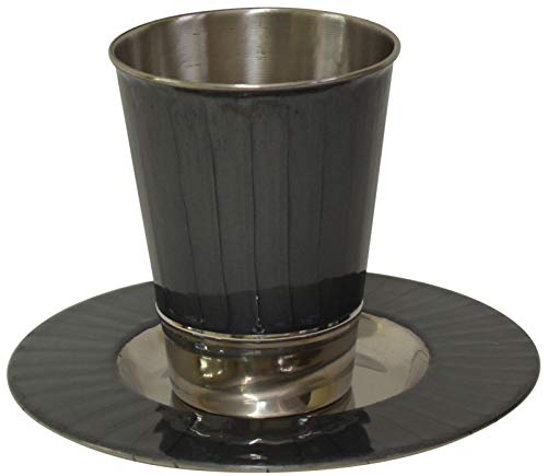 Dark grey nickel and enamel Kiddush cup with matching saucer, featuring a sleek striped finish.